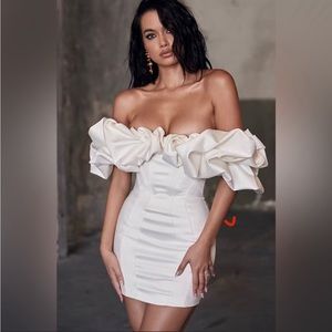 House of CB ‘Selena’ Ivory Satin Ruffle Strapless Mini Dress - Never worn - READ